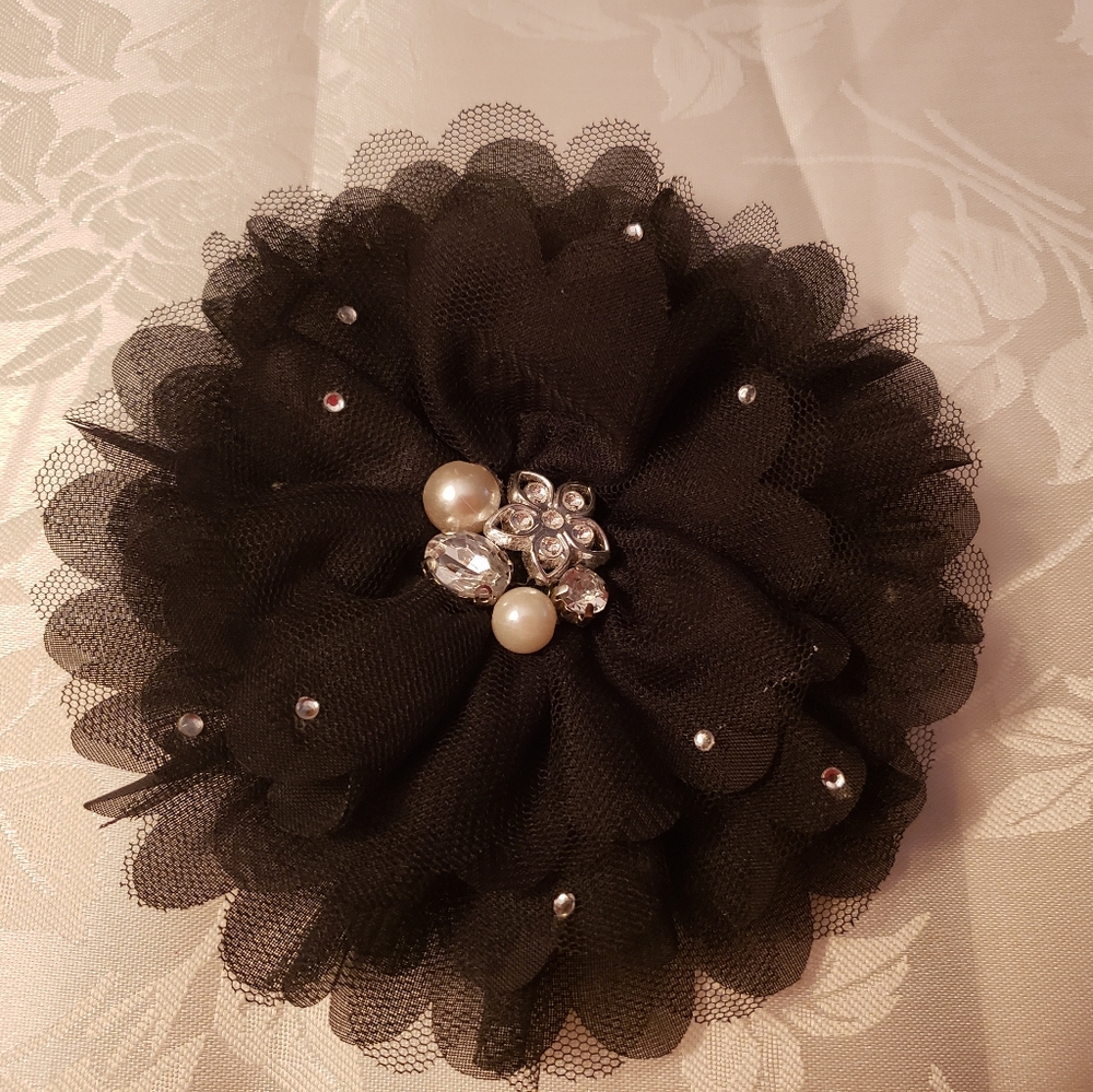 Vintage Women's Large Flower Brooch/Pin, Hair Clip, Black w Rhinestones, NEW